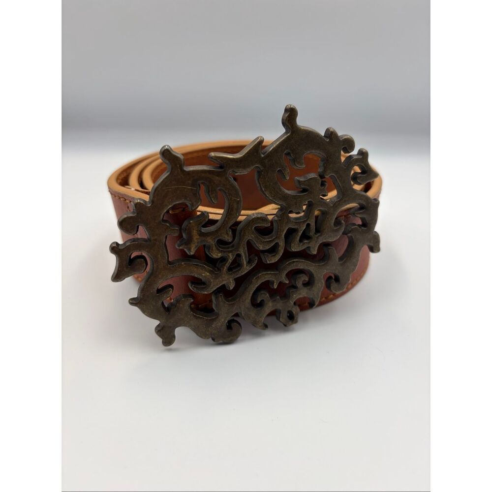 Hugo Boss Women’s Cognac Leather Wide Statement Belt Ornate Antiqued Buckle - Picture 8 of 12